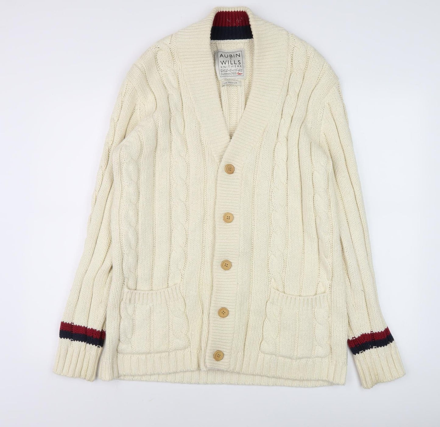 Aubin & Wills Ivory Men's Cardigan, M Size, Cable-Knit
