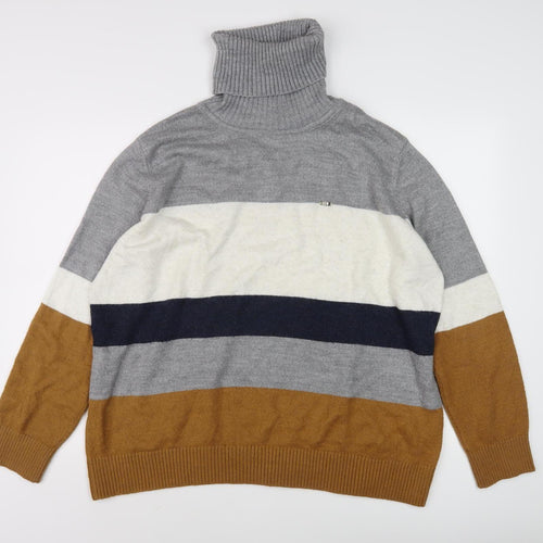 US POLO ASSN. Men's 2XL Grey Roll Neck Pullover Striped Jumper