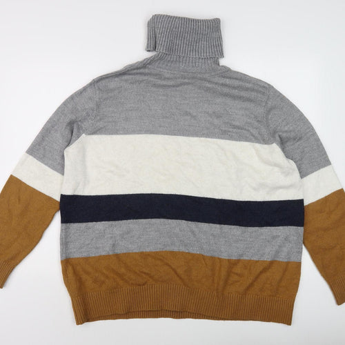 US POLO ASSN. Men's 2XL Grey Roll Neck Pullover Striped Jumper