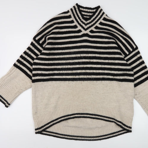 Next Women's Black Beige Striped V-Neck Jumper Size L