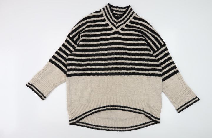 Next Women's Black Beige Striped V-Neck Jumper Size L