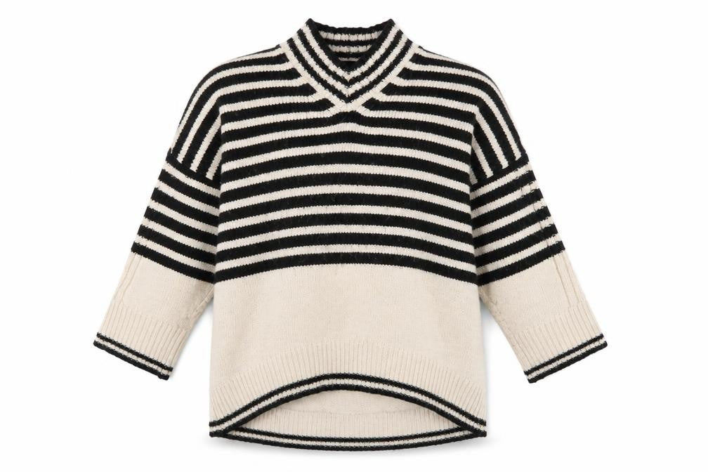 Front view of Next Women's Black Beige Striped V-Neck Jumper, size L