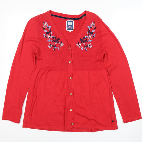Manoray Women's Red Embroidered Cardigan, Size 14, V-Neck