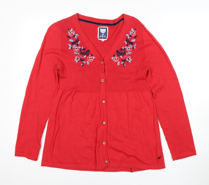 Manoray Women's Red Embroidered Cardigan, Size 14, V-Neck