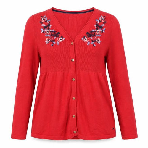 Manoray Women's Red Embroidered Cardigan, Size 14, V-Neck