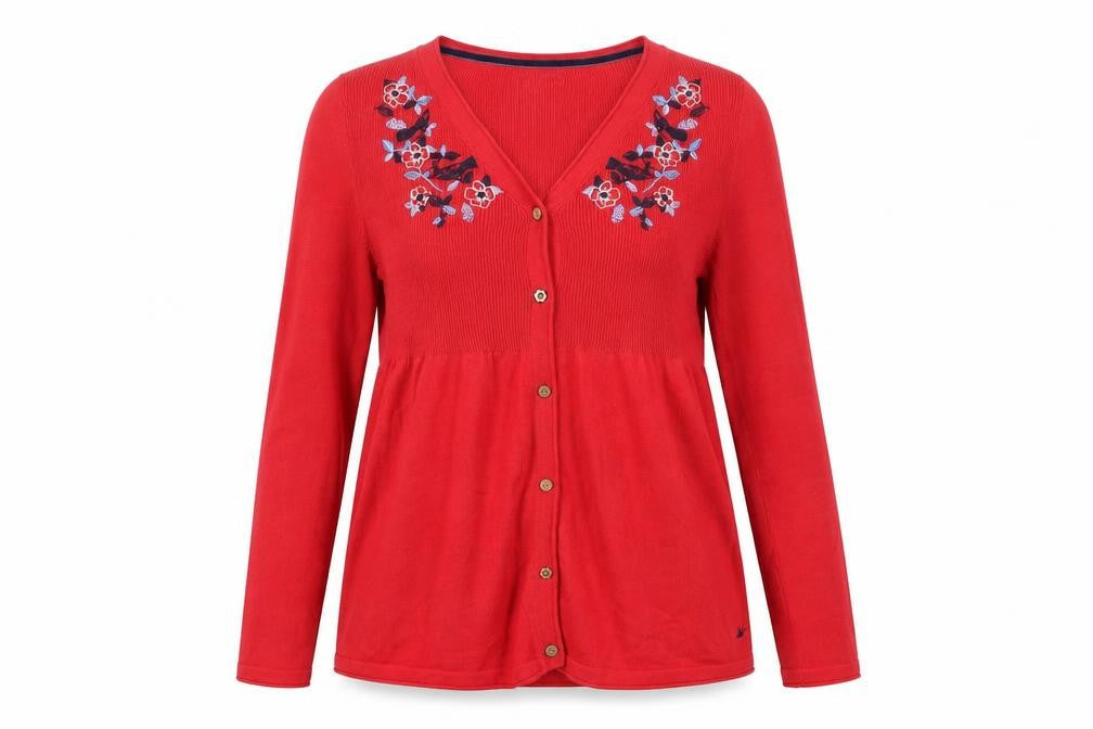 Manoray Women's Red Embroidered Cardigan, Size 14, V-Neck
