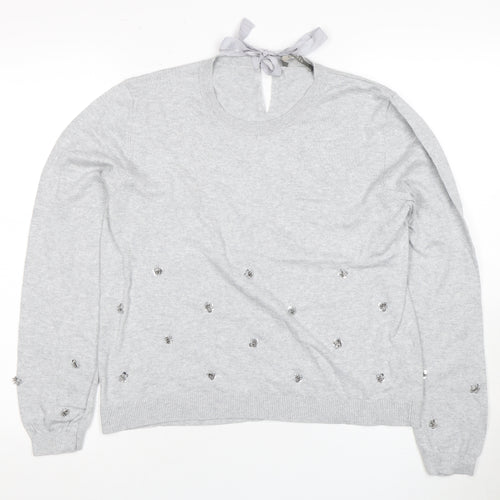 Oasis Women's Grey Pullover Jumper, Size 14, Beaded Accent