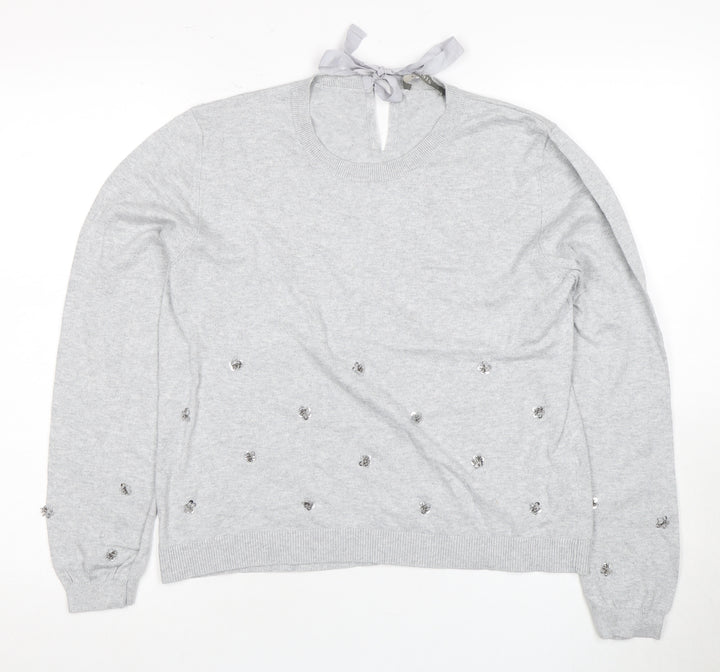 Oasis Women's Grey Pullover Jumper, Size 14, Beaded Accent