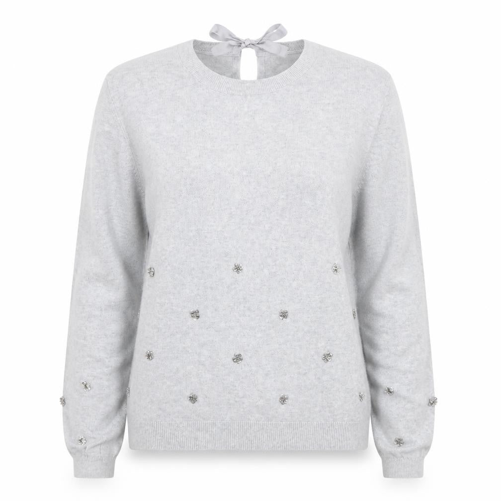 Front view of Oasis Women's Grey jumper, size 14, Beaded Accent