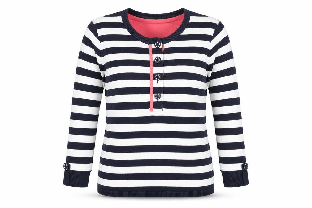 Front view of Knots Women's Blue 10 Striped Henley Jumper