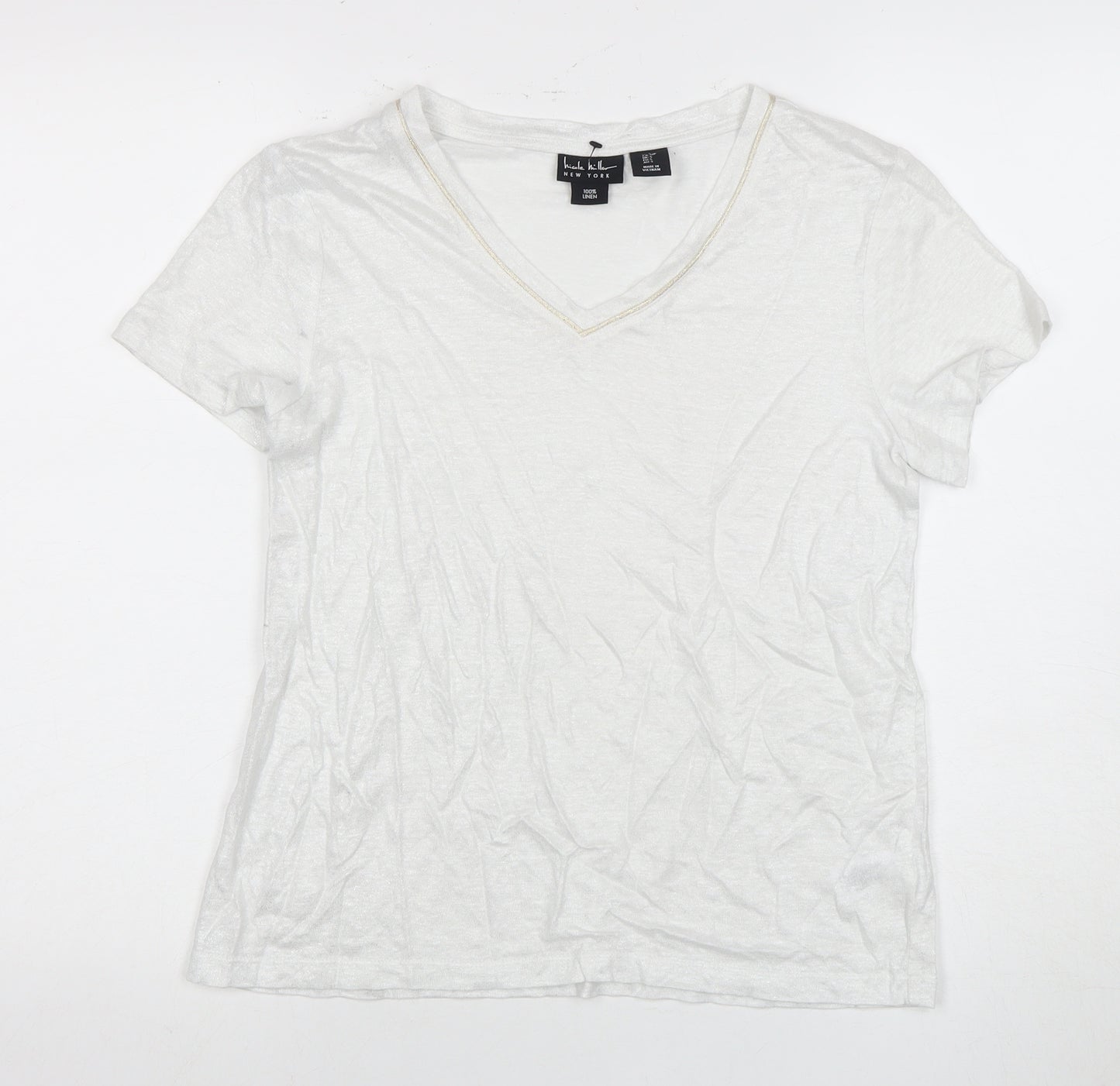 Nicole Miller Women's White Linen V-Neck T-Shirt, Size S