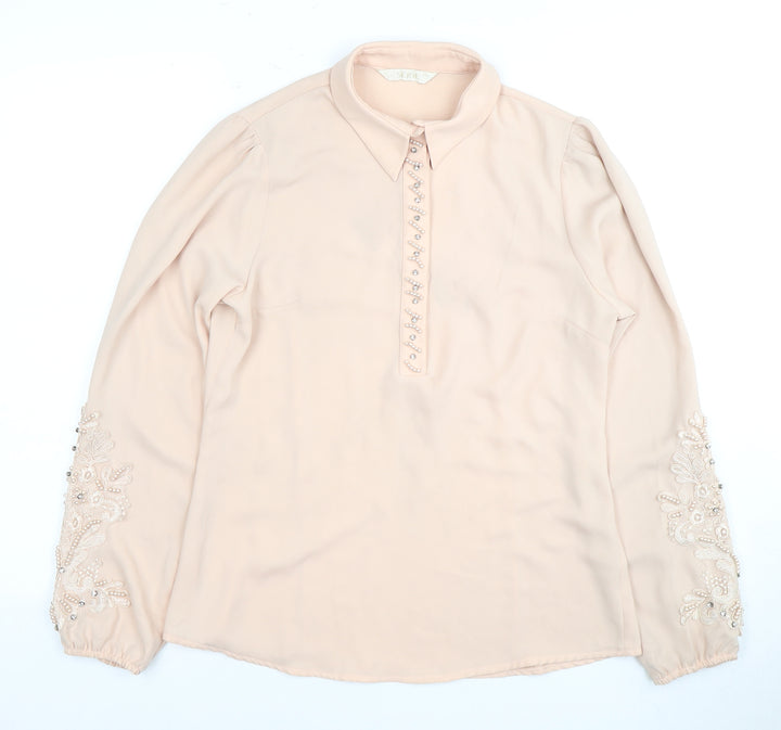 SERIL Beige Women's Long Sleeve Beaded Blouse Size 10