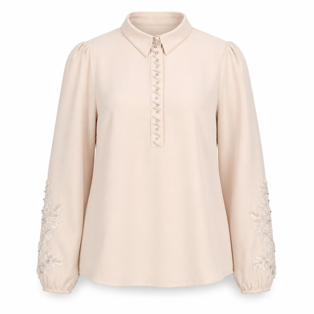 Front view of SERIL Beige Women's Long Sleeve Beaded Blouse, size 10