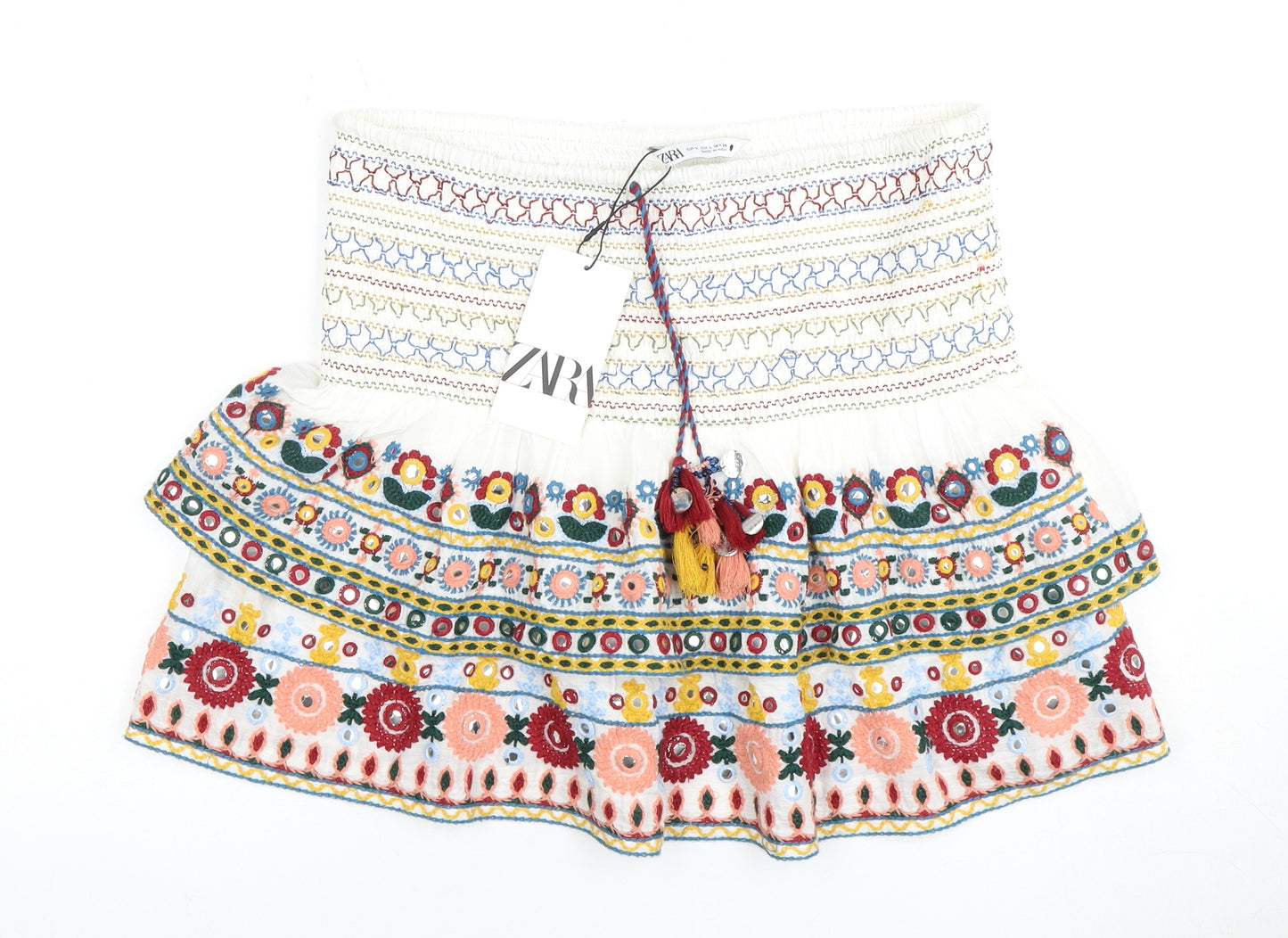 ZARA White Women Peasant Short Skirt Size 2 Cotton