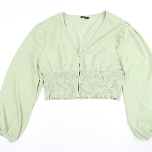 Monki Women's Green Cropped V-Neck Blouse, L