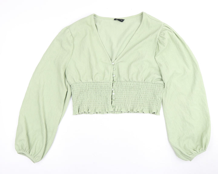 Monki Women's Green Cropped V-Neck Blouse, L