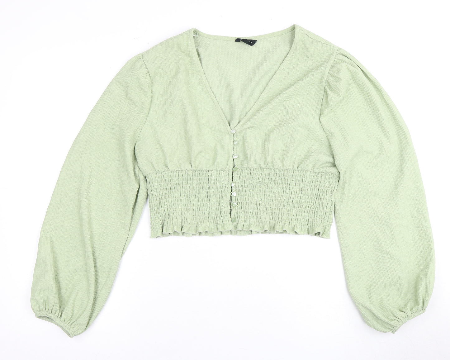 Monki Women's Green Cropped V-Neck Blouse, L