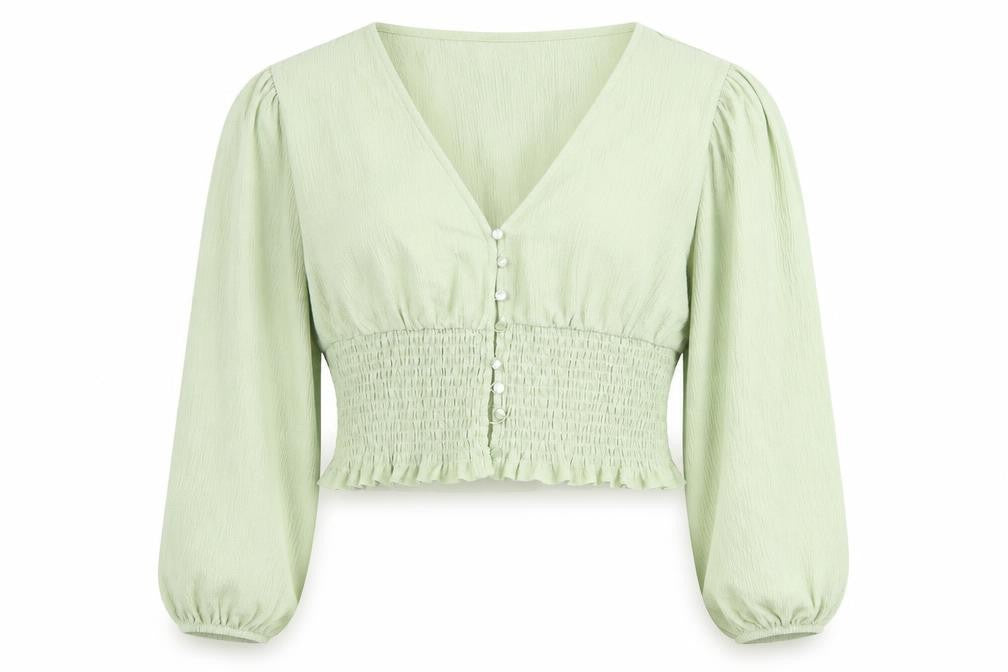 Front view of Monki Women's Green Cropped V-Neck Blouse, L