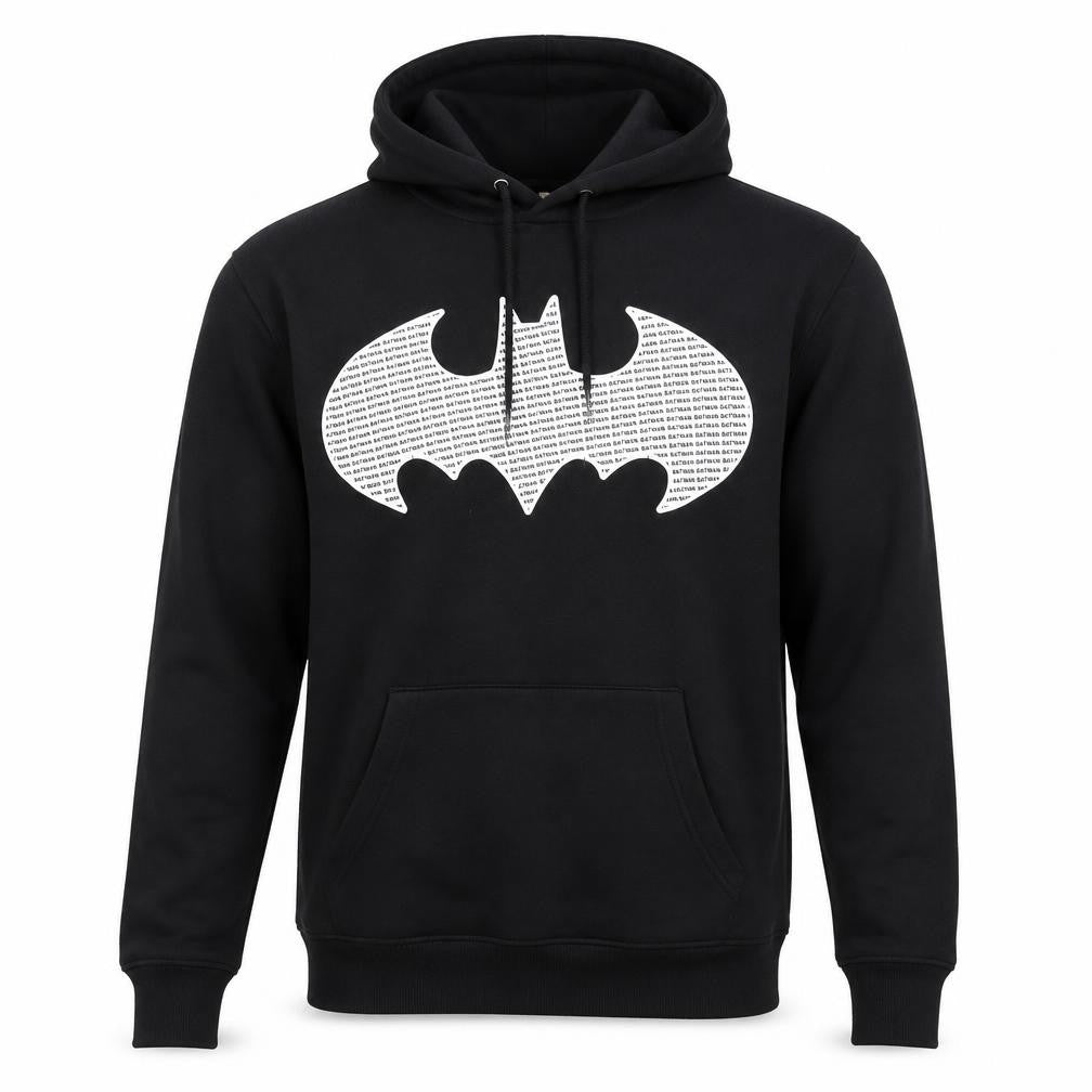 Front view of Batman Logo Black Hoodie, XS unisex pullover, comic style