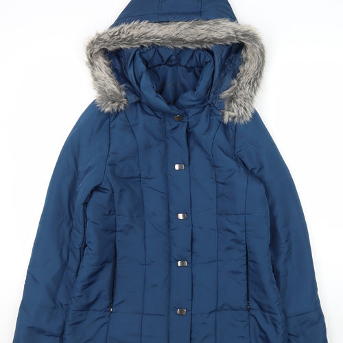 Women's Blue Puffer Coat with Faux Fur Hood Size 10