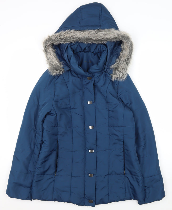 Women's Blue Puffer Coat with Faux Fur Hood Size 10