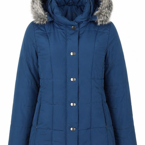 Women's Blue Puffer Coat with Faux Fur Hood Size 10