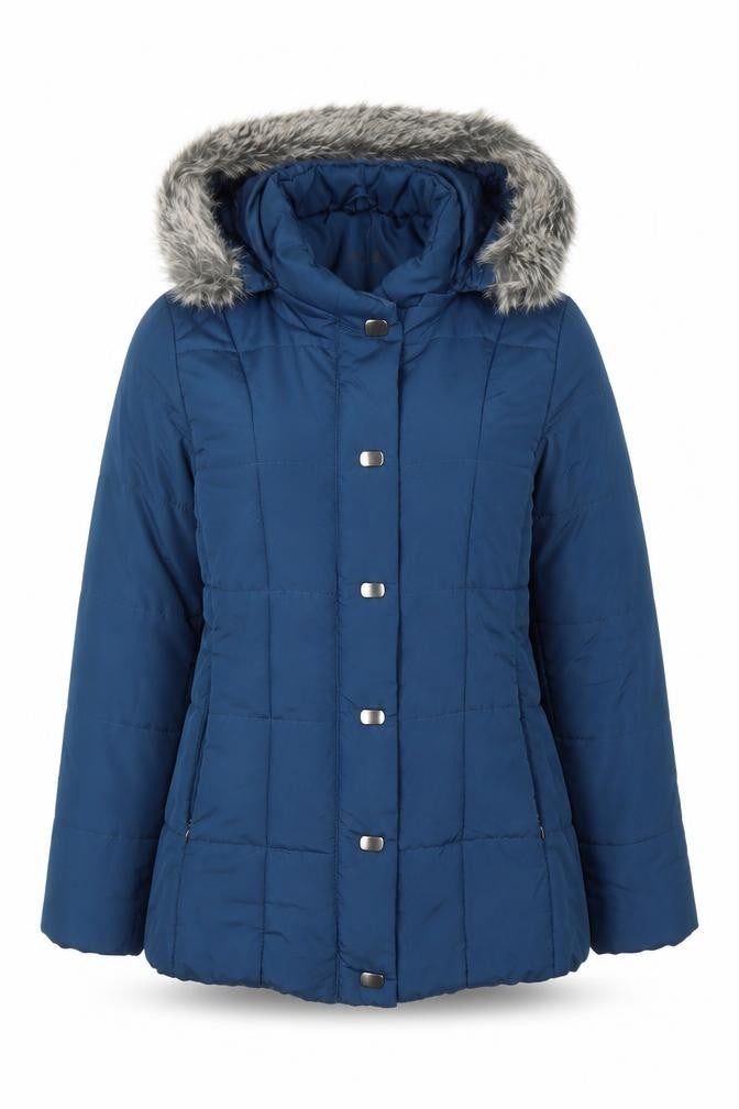 Women's Blue Puffer Coat with Faux Fur Hood Size 10