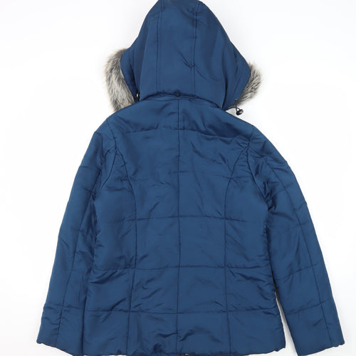 Women's Blue Puffer Coat with Faux Fur Hood Size 10