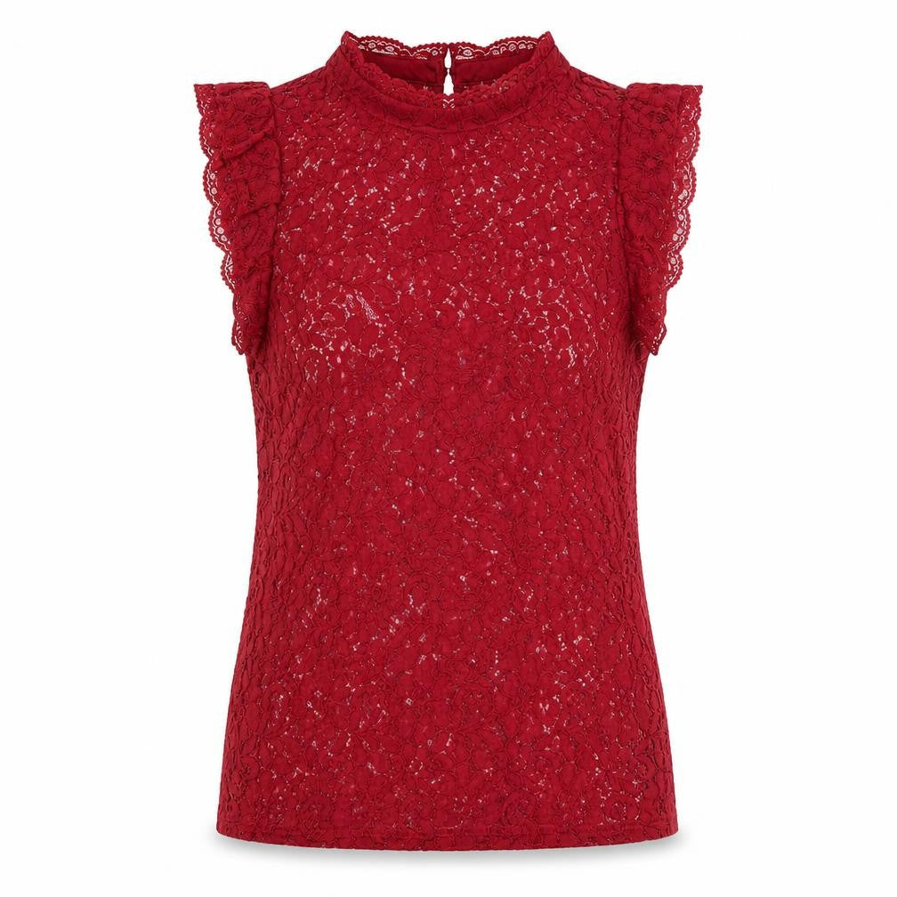 Front view of Oasis women’s red lace sleeveless blouse, size S