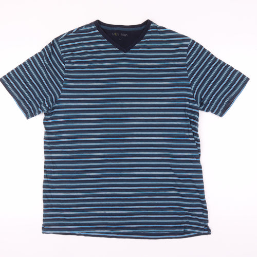 Marks and Spencer Men's Blue Striped T-Shirt L
