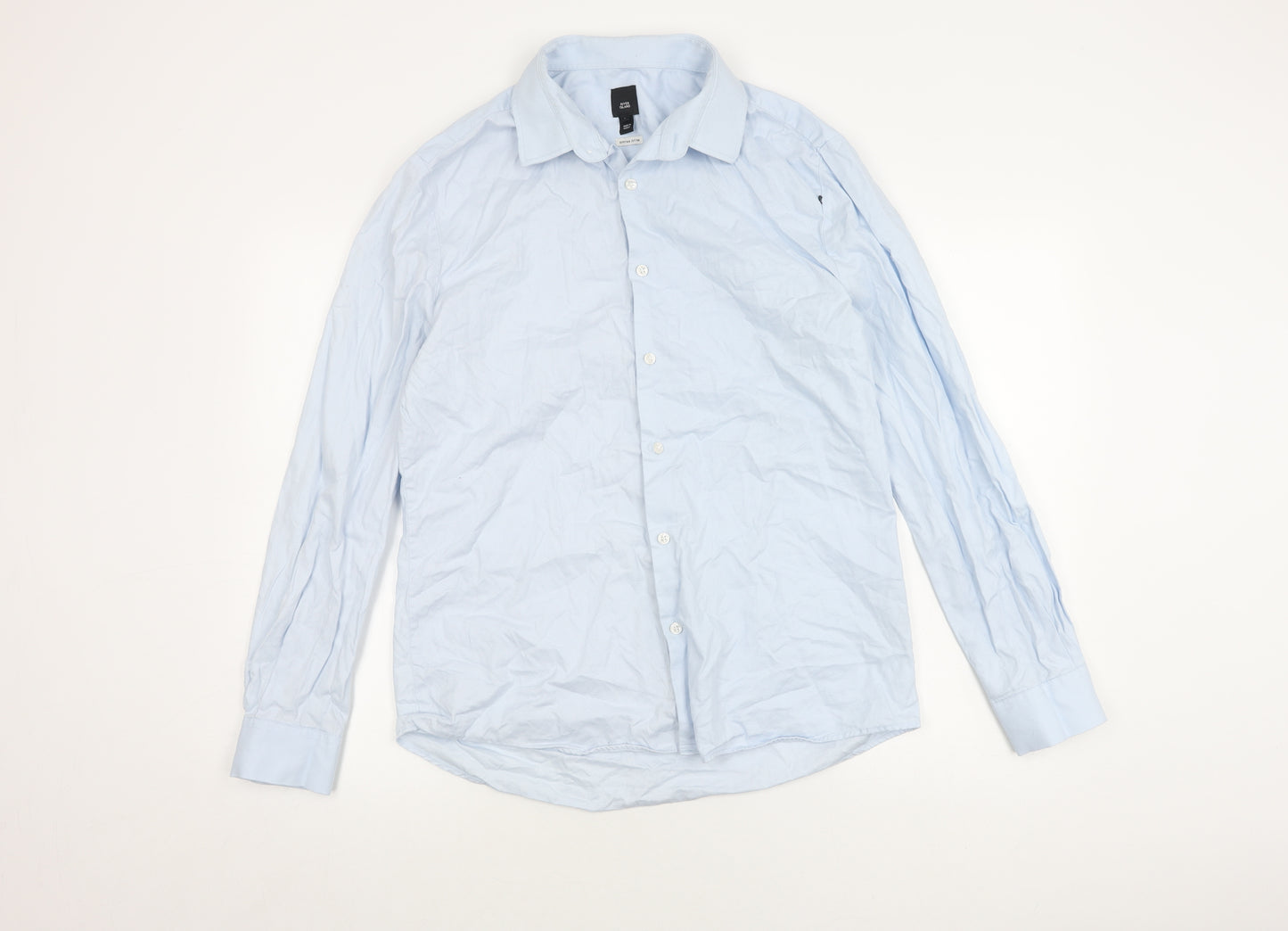 River Island Men's Blue Cotton Long Sleeve Shirt