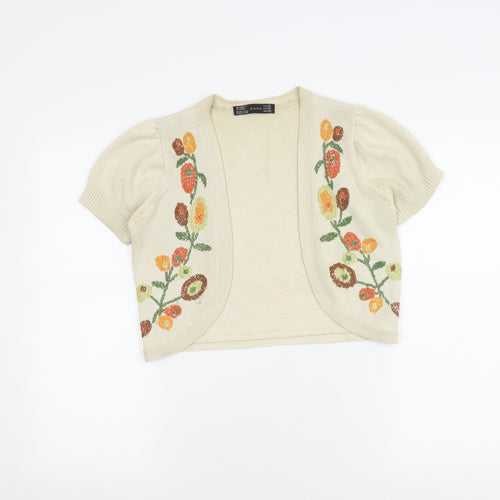 Zara Women's Ivory Floral Embroidered Shrug, Size M