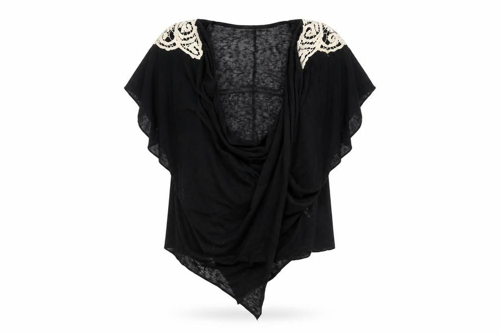 Front view of Tea n Rose Women's Black Cowl Neck Top with Crochet