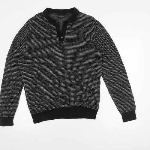 Next Men's Black Geometric Polo, Medium, Cotton, Long Sleeve