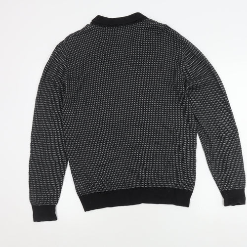 Next Men's Black Geometric Polo, Medium, Cotton, Long Sleeve