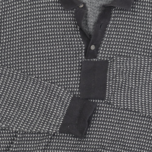 Next Men's Black Geometric Polo, Medium, Cotton, Long Sleeve