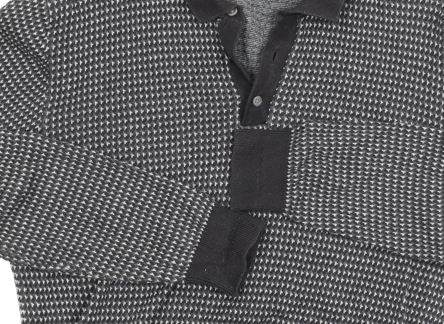 Next Men's Black Geometric Polo, Medium, Cotton, Long Sleeve