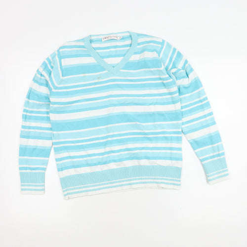 EWM Pure Classics Women's Blue Striped V-Neck Jumper M