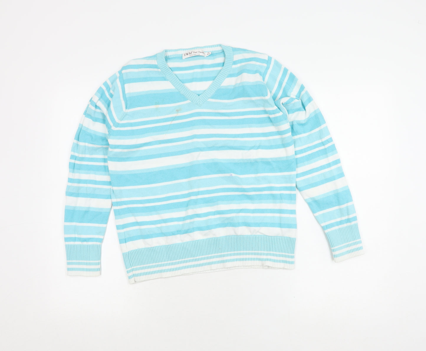 EWM Pure Classics Women's Blue Striped V-Neck Jumper M