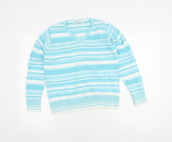 EWM Pure Classics Women's Blue Striped V-Neck Jumper M