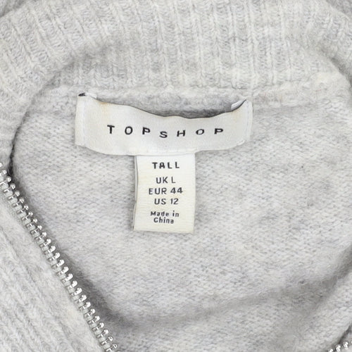 Topshop Women's Grey L Tall High Neck Zip Jumper