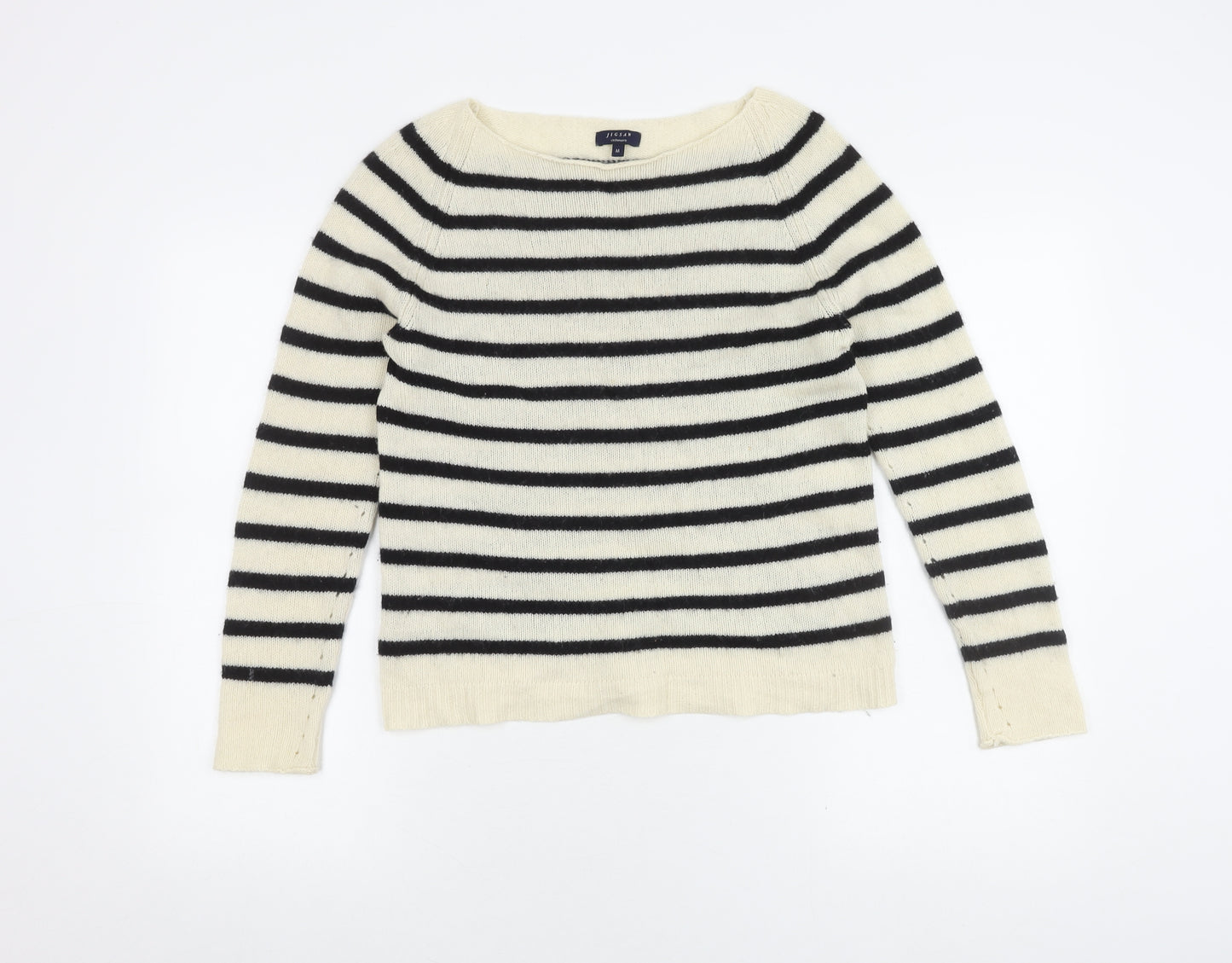 Jigsaw Women's White Striped Cashmere Pullover Jumper Medium