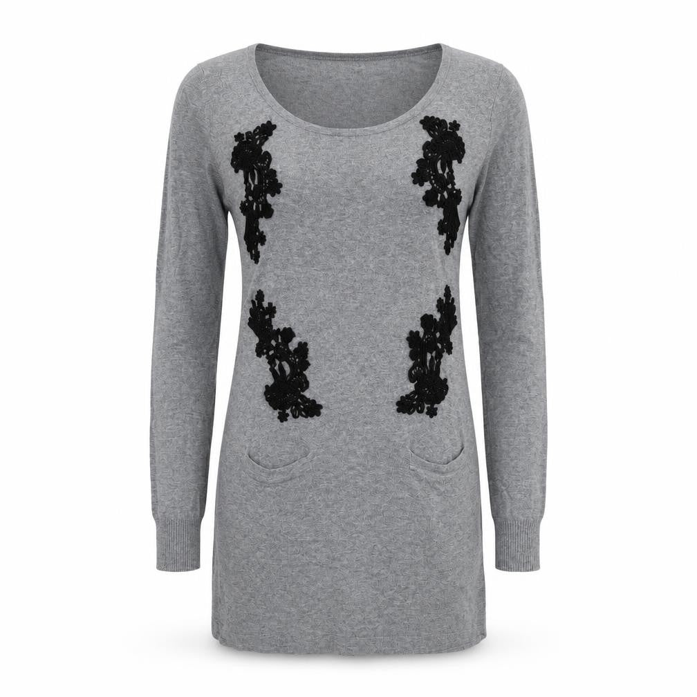 Front view of Next Women's Grey Jumper Dress, size 8, with Embroidery
