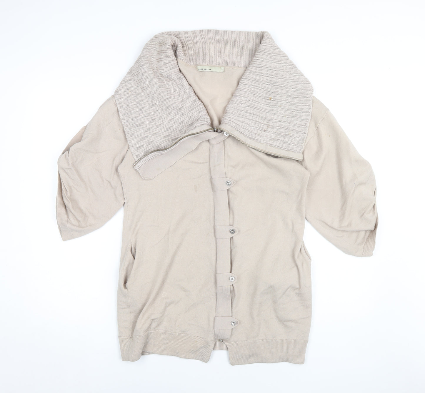 Karen Millen Women's Beige 3/4 Sleeve Collared Cardigan