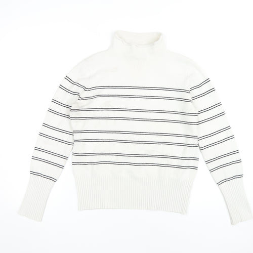 French Connection Women's White Striped Roll Neck Jumper - M