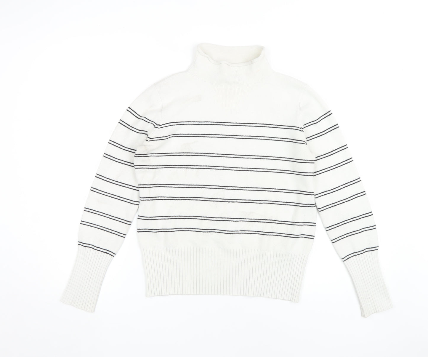 French Connection Women's White Striped Roll Neck Jumper - M