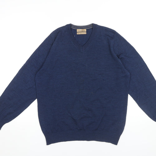 Marks and Spencer Men's Blue Medium V-Neck Wool Jumper
