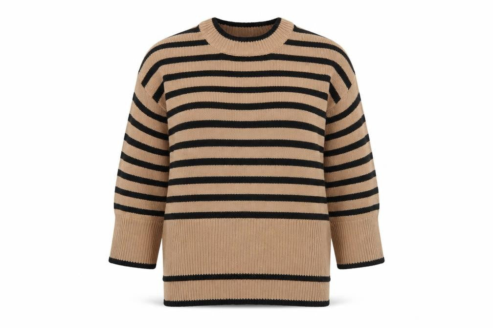 Front view of AX Paris Women's Brown Black Striped Pullover M
