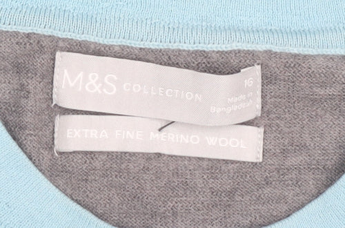 Marks and Spencer Women's Blue Grey Merino Jumper Size 16