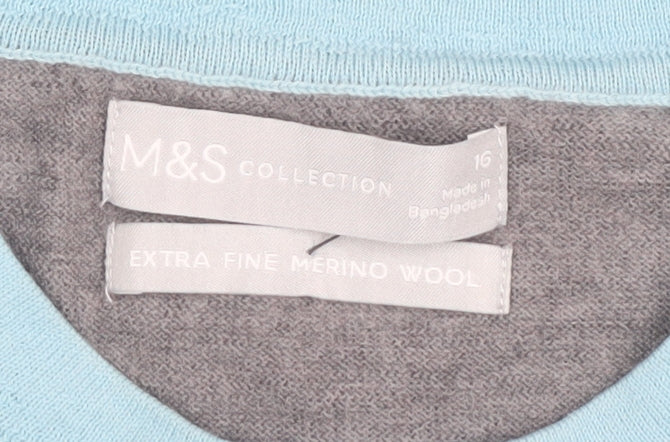 Marks and Spencer Women's Blue Grey Merino Jumper Size 16